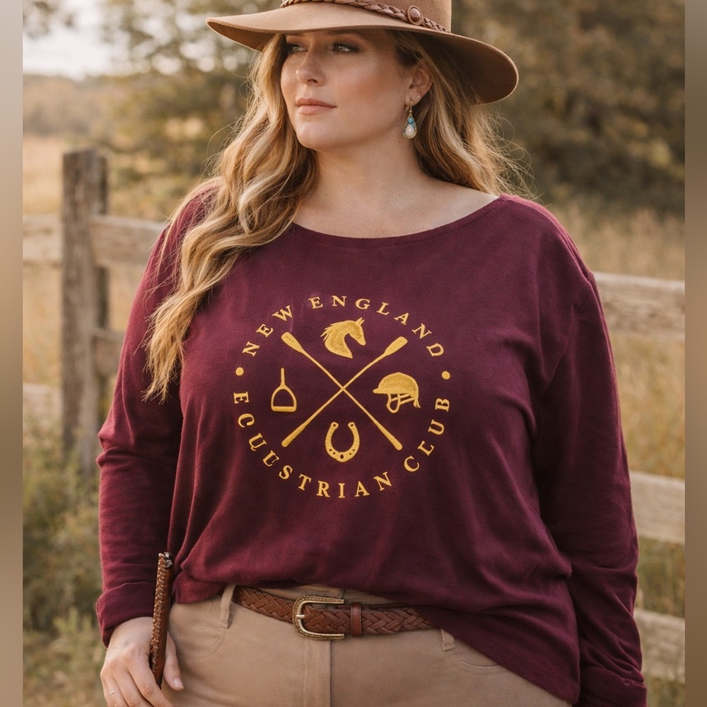 Talbots Plus Petite 3XP Equestrian Graphic Tee Cotton Long Sleeve